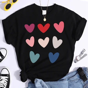 Harajuku Mulheres T-shirts de Verão de Manga Curta-O-Tops com Decote Valentim de Impressão Femme Tees Mujer Camisetas Coloridas Coração T-Shirt